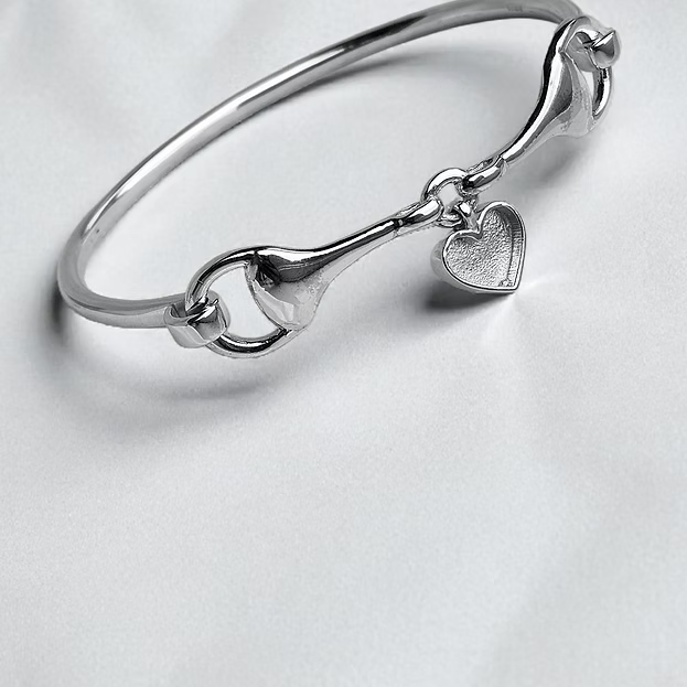 Snaffle Bit Memorial Bangle with Heart Charm for Ashes