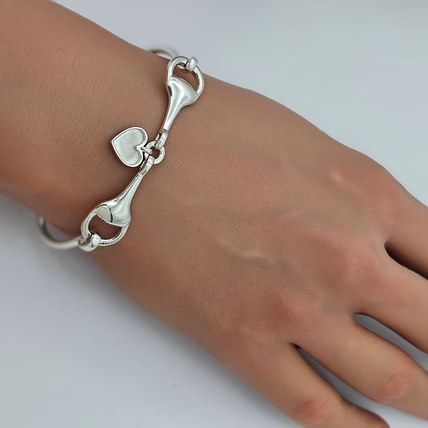 Snaffle Bit Memorial Bangle with Heart Charm for Ashes