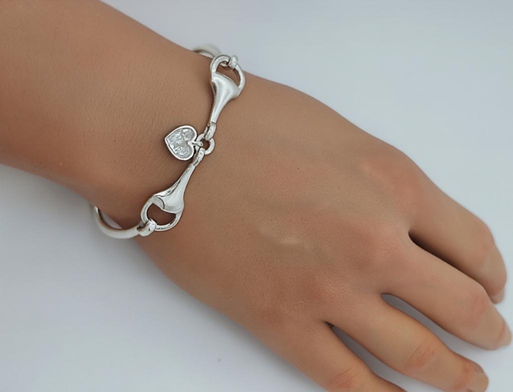 Snaffle Bit Memorial Bangle with Heart Charm for Ashes
