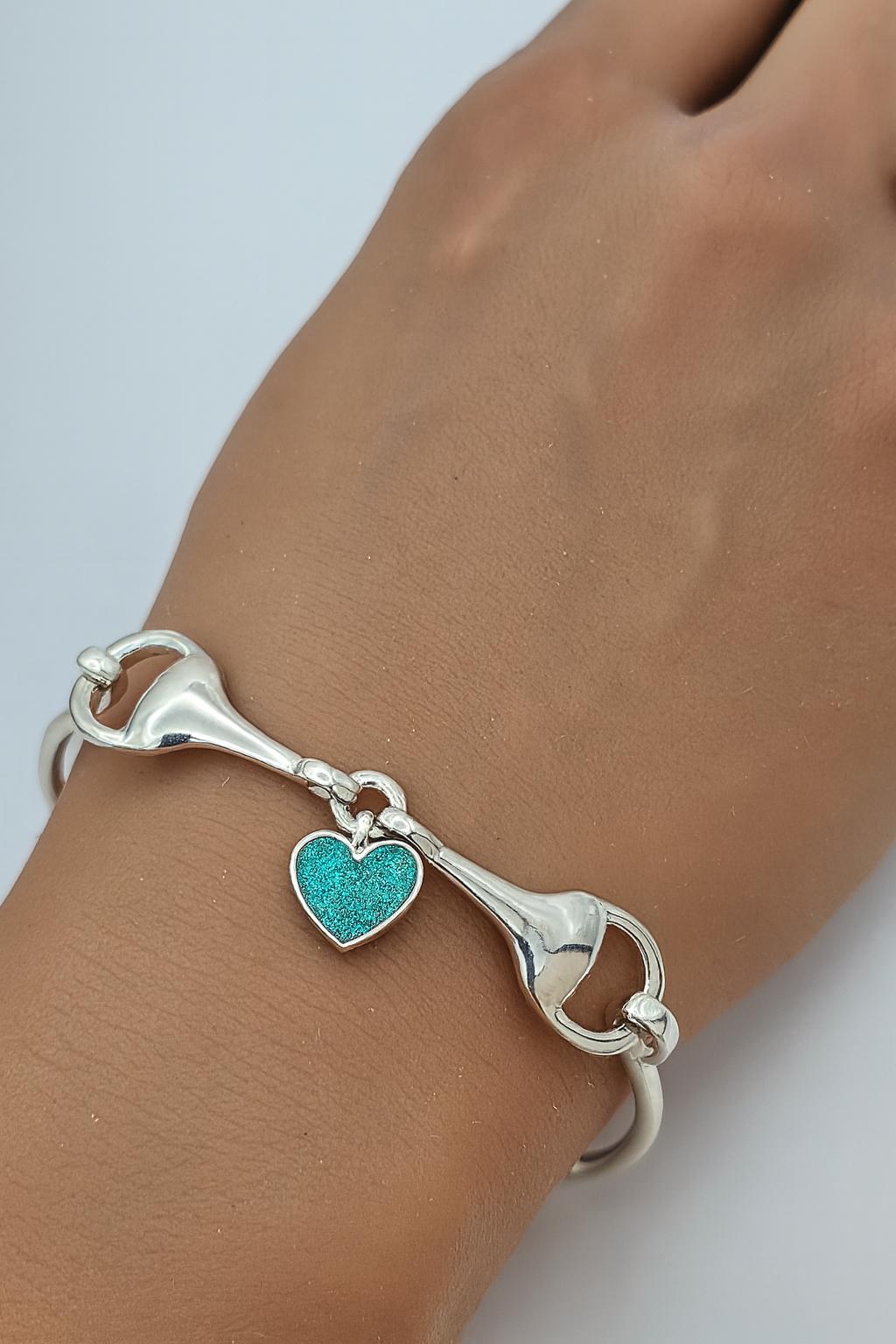 Snaffle Bit Memorial Bangle with Heart Charm for Ashes