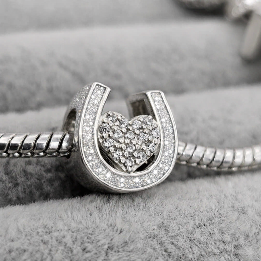 CZ Heart and Horse Shoe Memorial Bead 925 Silver Charm