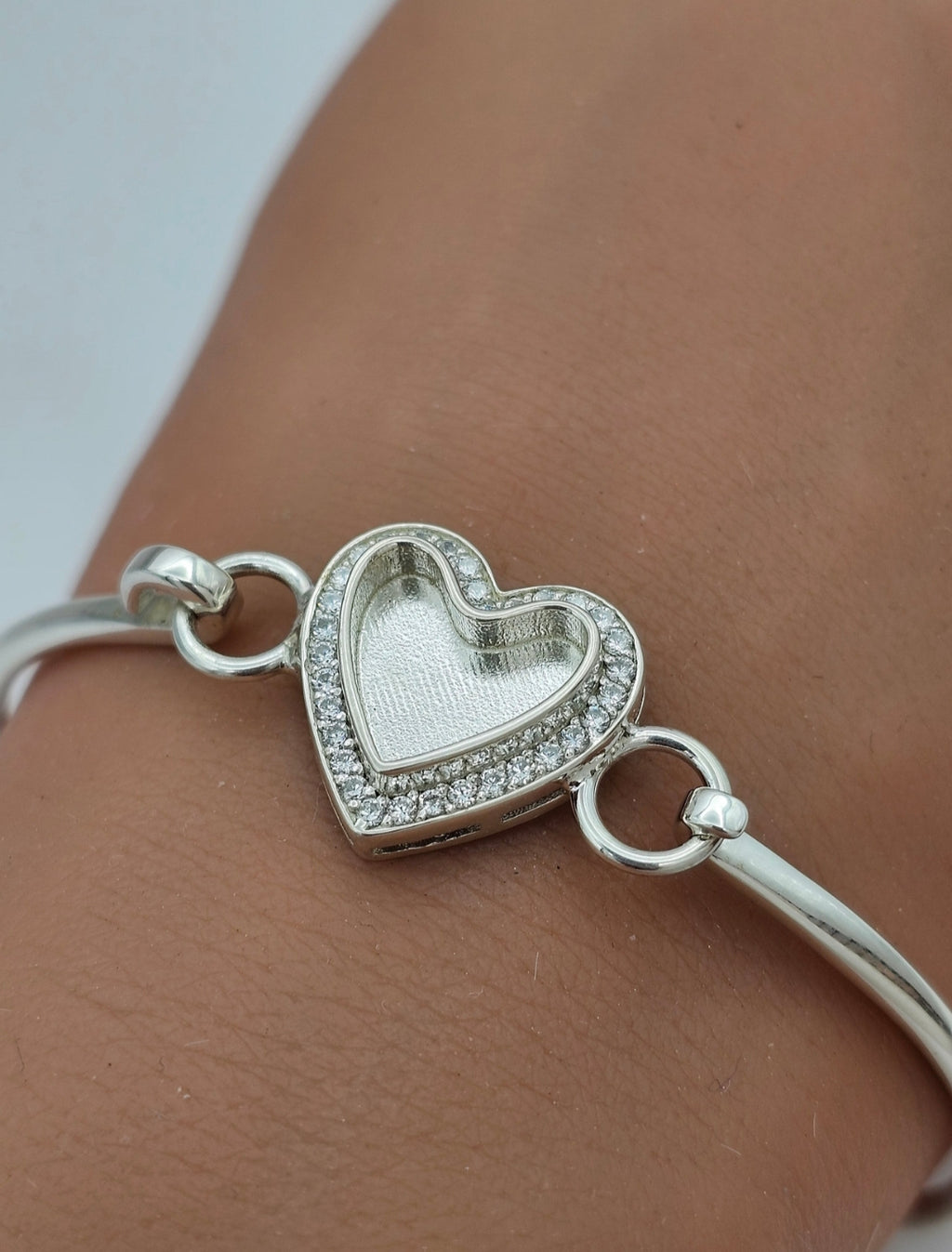Heart CZ Hook Clasp 925 Silver Bangle