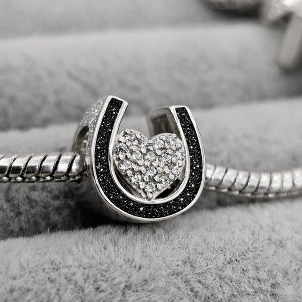 CZ Heart and Horse Shoe Memorial Bead 925 Silver Charm