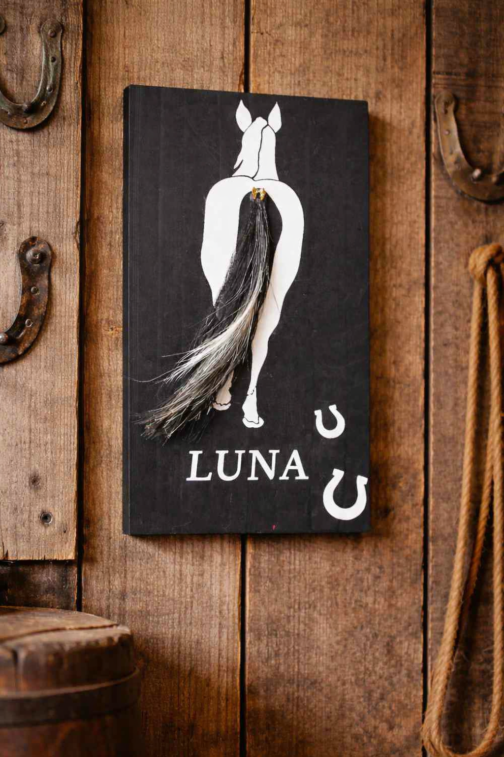 Handmade Horse Keepsake – Real Tail Hair, Custom Name, Rustic Style