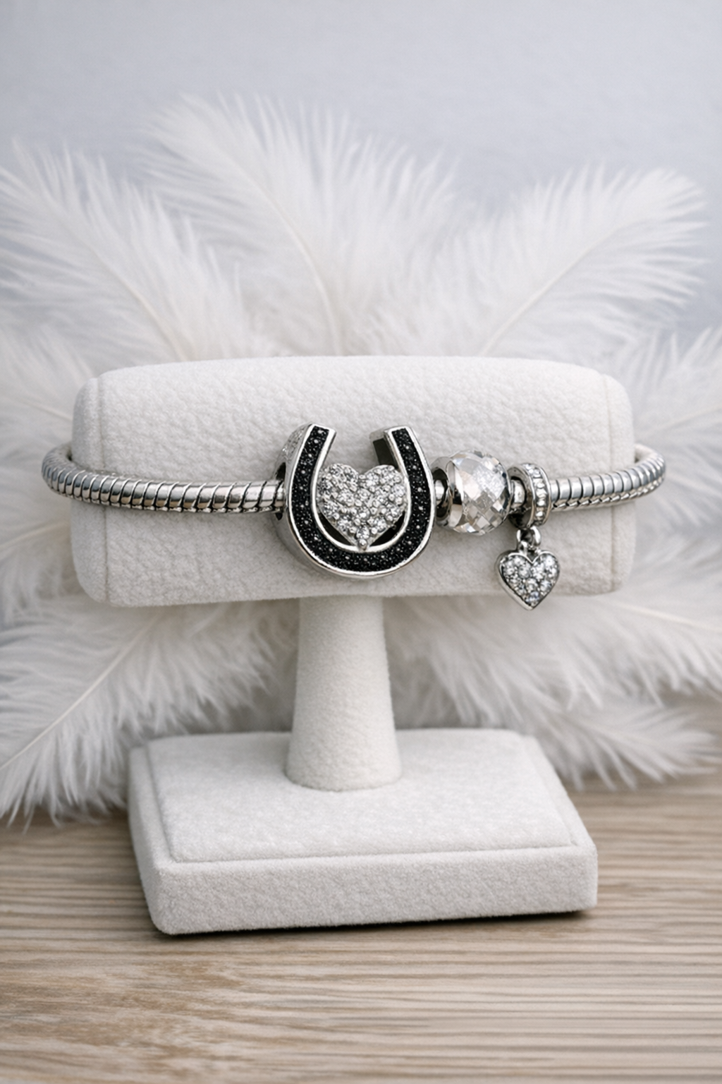 CZ Heart and Horse Shoe Memorial Bead 925 Silver Charm