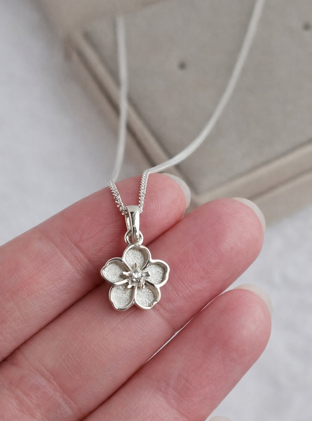 Forget Me Not – Keepsake Flower Necklace with CZ Center