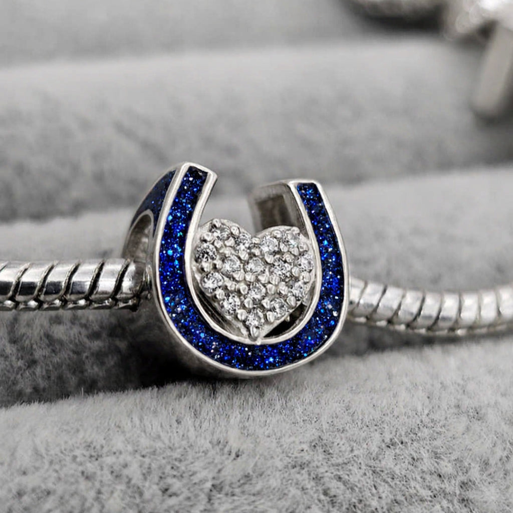 CZ Heart and Horse Shoe Memorial Bead 925 Silver Charm