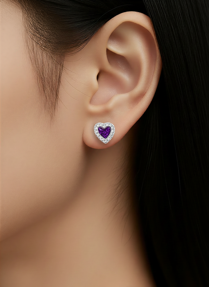 Heart CZ 925 Silver Stud Memorial Earrings
